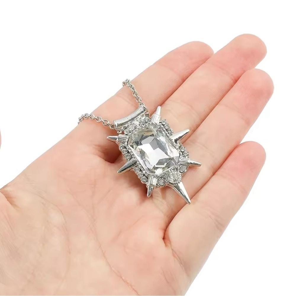 Silver Tone Spike Rhinestone Spiked Medallion Punk Goth Pendant Necklace - Picture 5 of 7